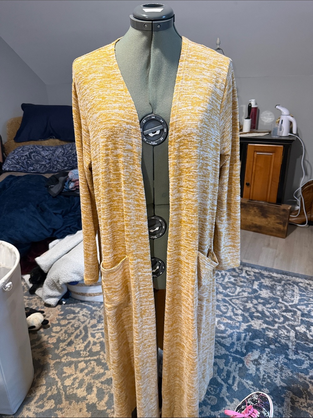 LuLaRoe Sarah Open-Front Long Cardigan in Mustard and Cream